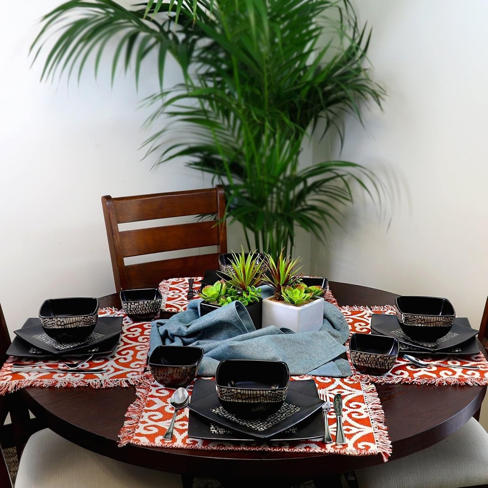 Elama Square Stoneware Pattern Dinnerware Dish Set,