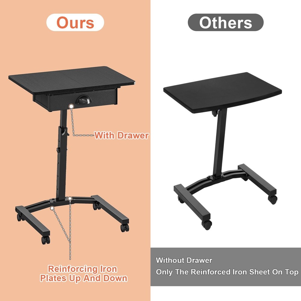 Rolling Adjustable Height Computer Desk With Drawers, Small Mobile Laptop Des...