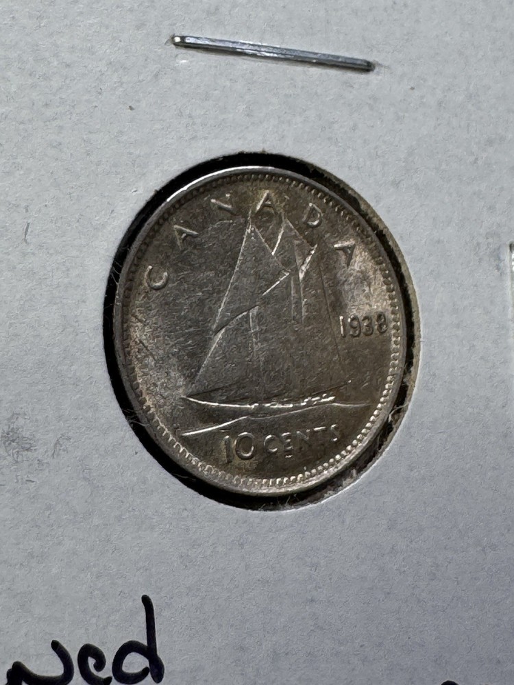 1938 Canada 10 Cents Silver Coin Cleaned