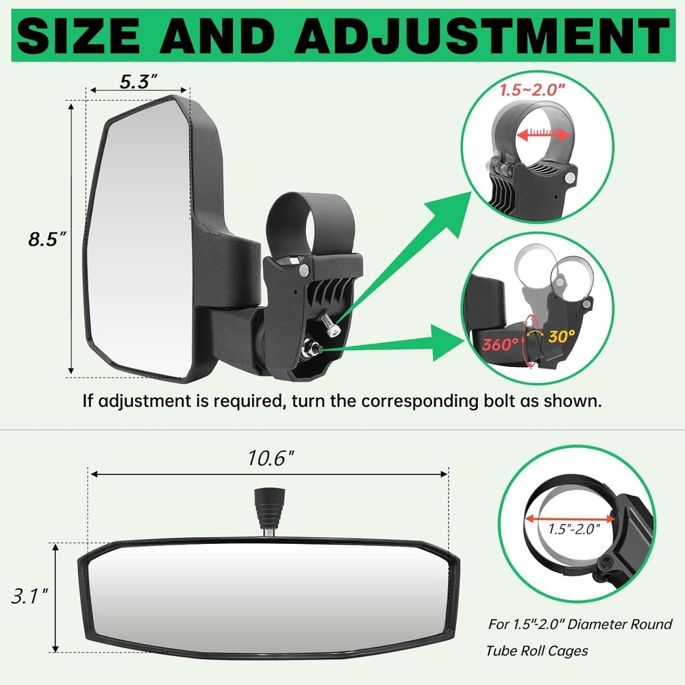 UTV Mirror+Side Mirrors Set for 1.5-2.0 Inch Roll Cage, Compatible with Polaris