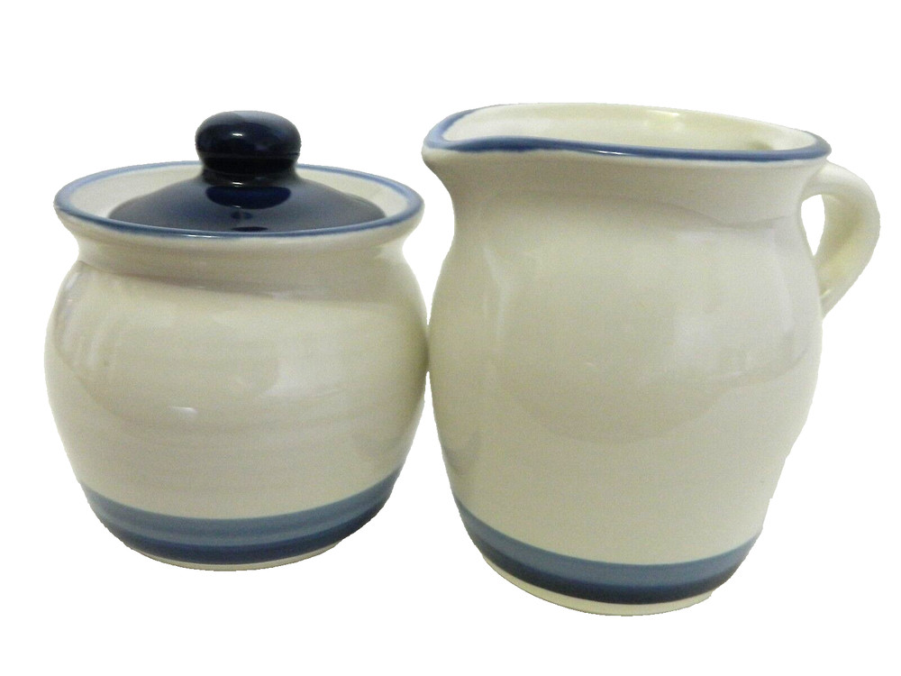 Denim Pattern Pfaltzgraff Covered Sugar and Creamer Blue Bands USA