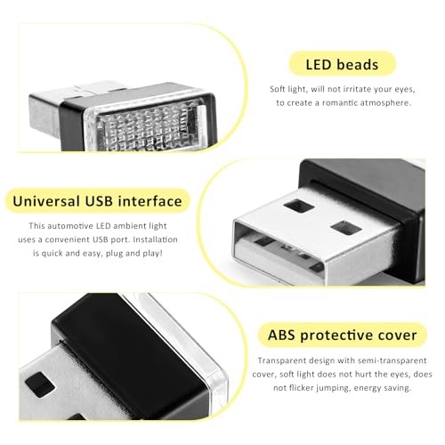 4PCS USB LED Car Interior Atmosphere Lamp, Plug-in USB Interface White+Ice Blue