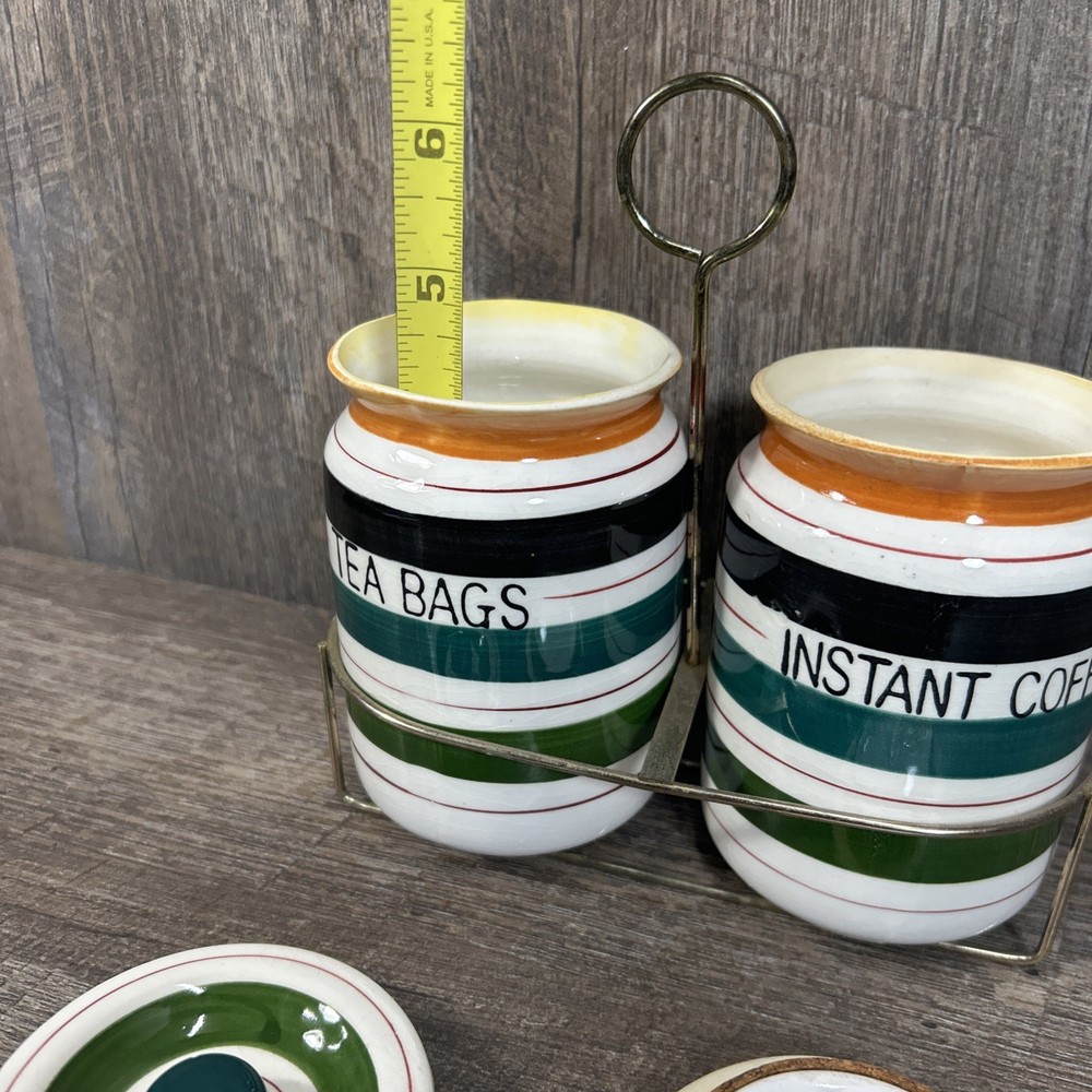 Really Cute Tea And Instant Coffe Ceramic Jars W/ Wire Carrying Cady