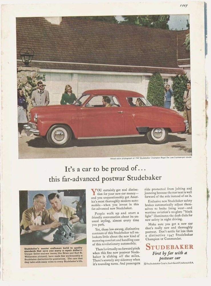 4) Studebaker ads; 1947 Commander & 1947 Champion Regal Deluxe "postwar styling"
