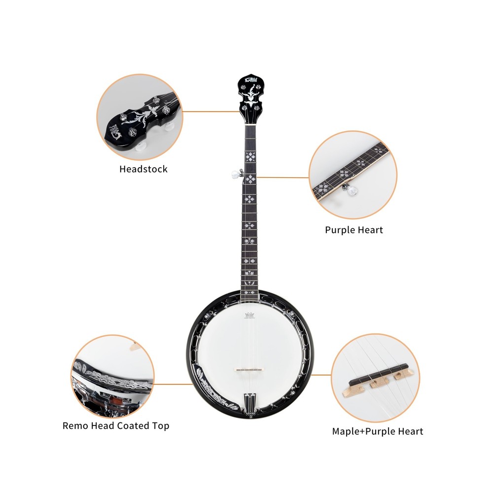 5 String Full Size Banjo Solid Back with beginner Kit Remo Head Coated Top Eu...
