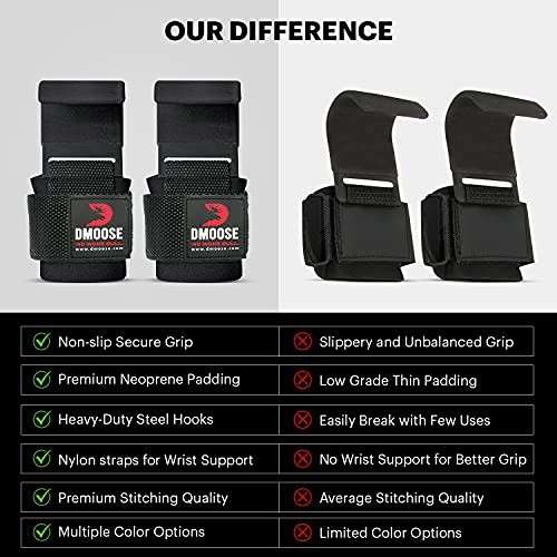 DMoose Weight Lifting Hooks (Pair), Hand Grip Support Wrist Black (Flat Hook)