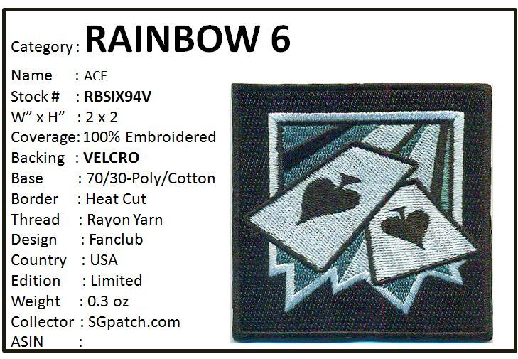 RAINBOW SIX OPERATOR PATCH WITH HOOK BACKING - ACE - RBSIX94V