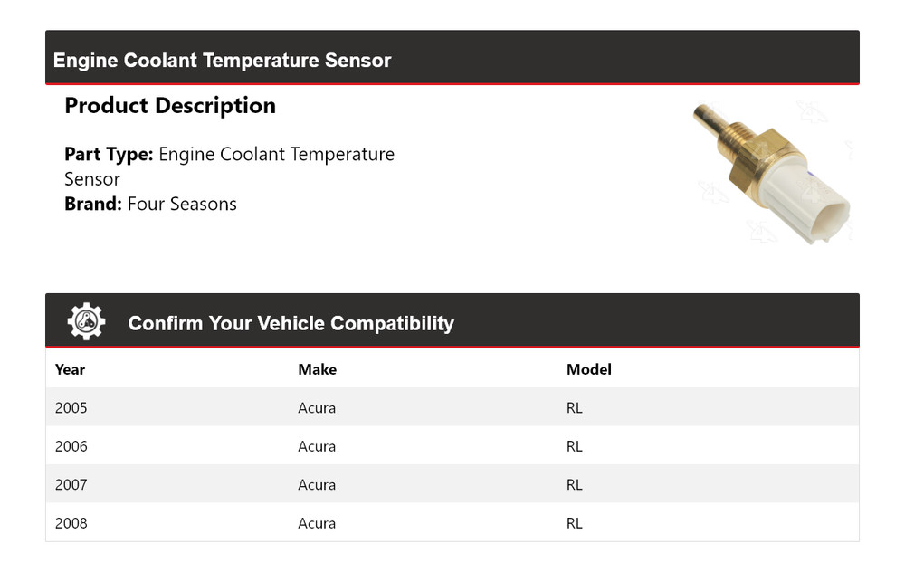 For 2005-2008 Acura RL Engine Coolant Temperature Sensor 4 Seasons 2006 2007