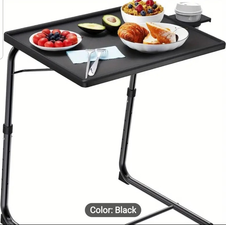 Portable & Foldable Comfortable Adjustable TV Tray Table Stand + Cup Holder Blac
