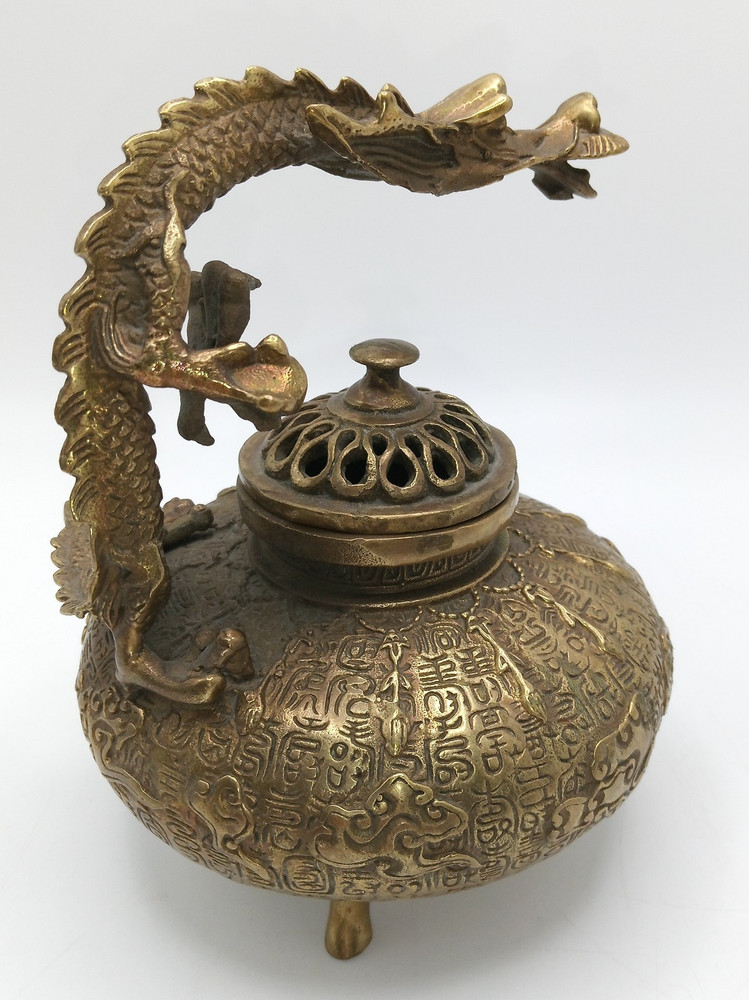 Chinese Handwork Brass Tibet Carved Dragon Incense Burner