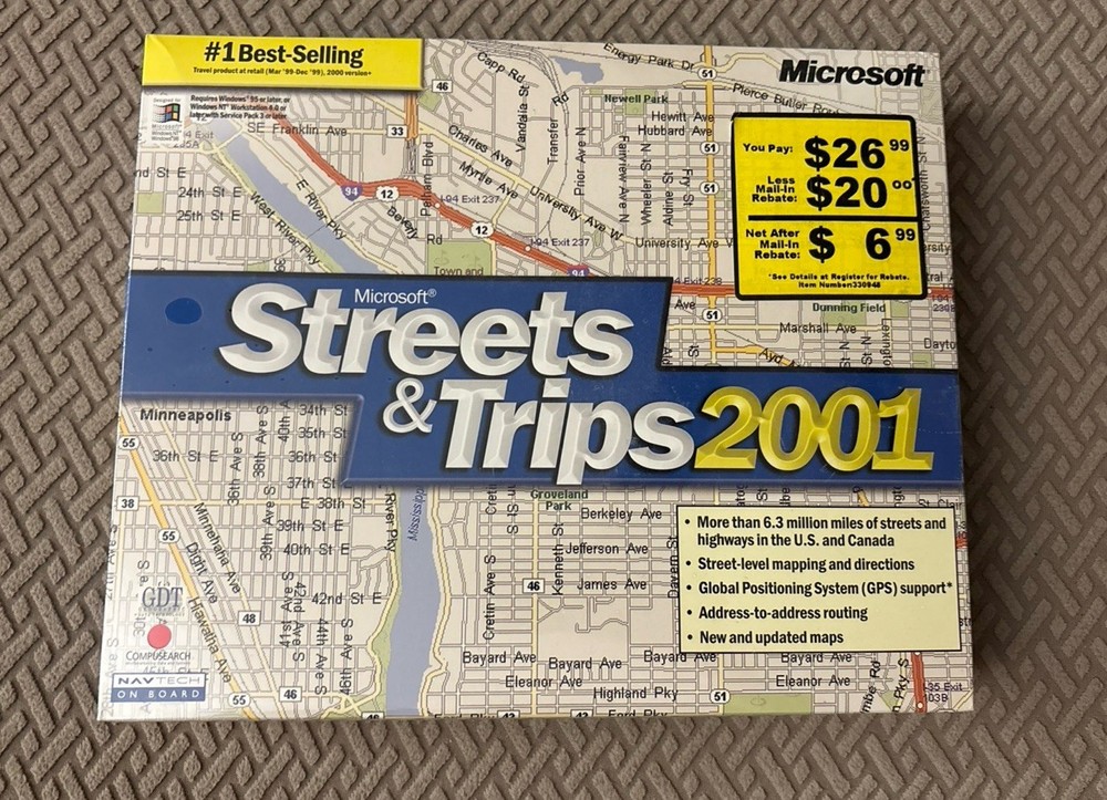 Vintage New Sealed Microsoft Streets & Trips 2001 PC Software Program