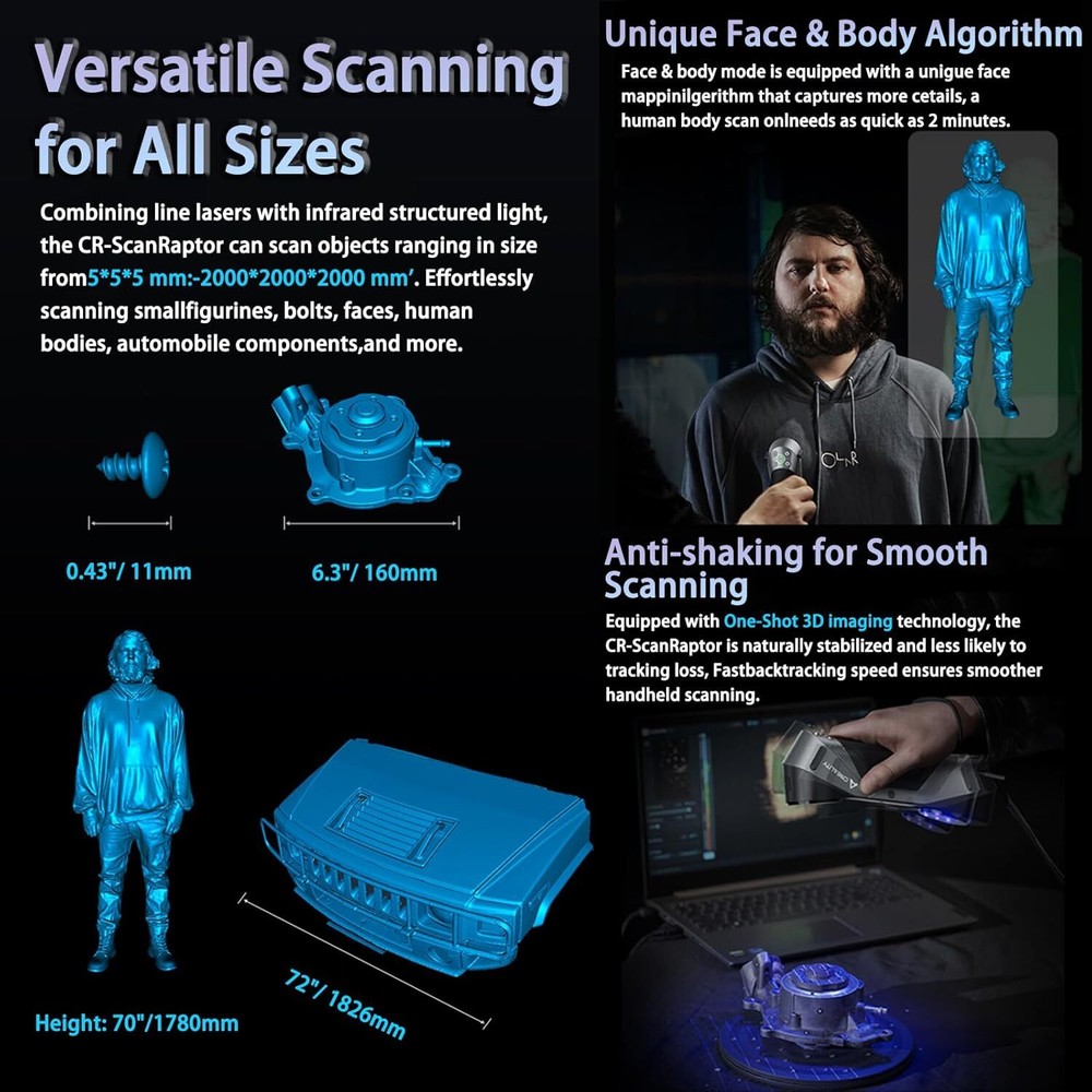 3D Scanner CR-Scan Raptor for 3D Printing 60fps Multiple-line Blue & NIR US