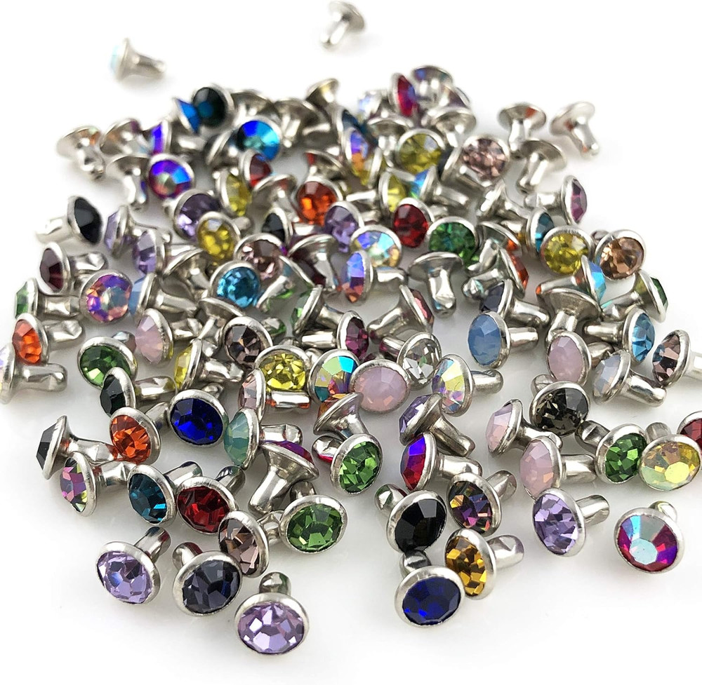 100 Sets 6MM Mixed Colors Cz Crystal Rivets Rhinestone Rivets Studs Rapid Rivets