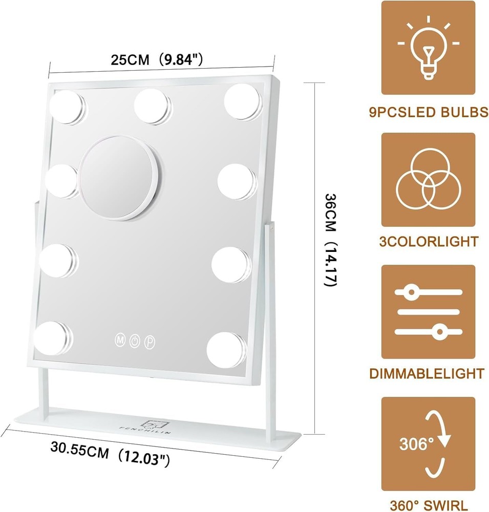 FENCHILIN Lighted Vanity Makeup Mirror, Smart Touch, 3 Colors, Dimmable, White