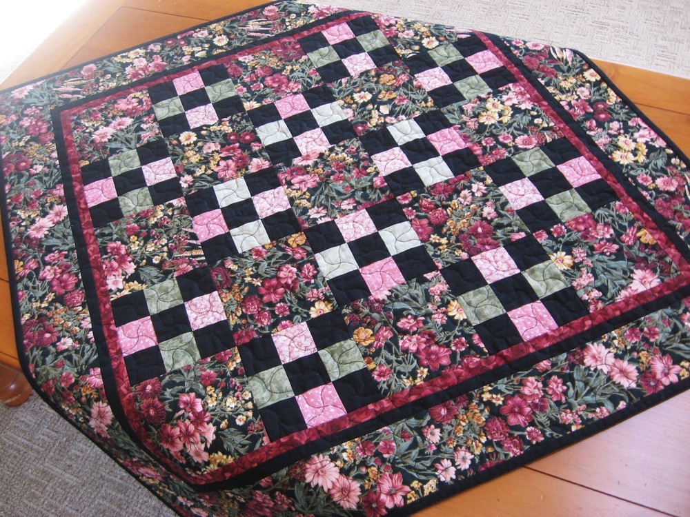 Quilted Table Topper Vibrant Floral on Black with 9-Patch Blocks