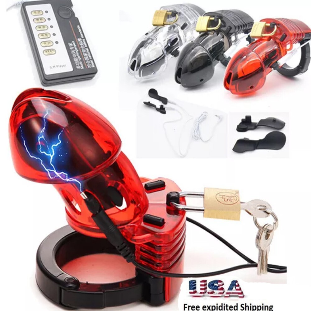 Male Bondage E-stim Shock Chastity Device Cage with Adjustable Cuff Rings BDSM