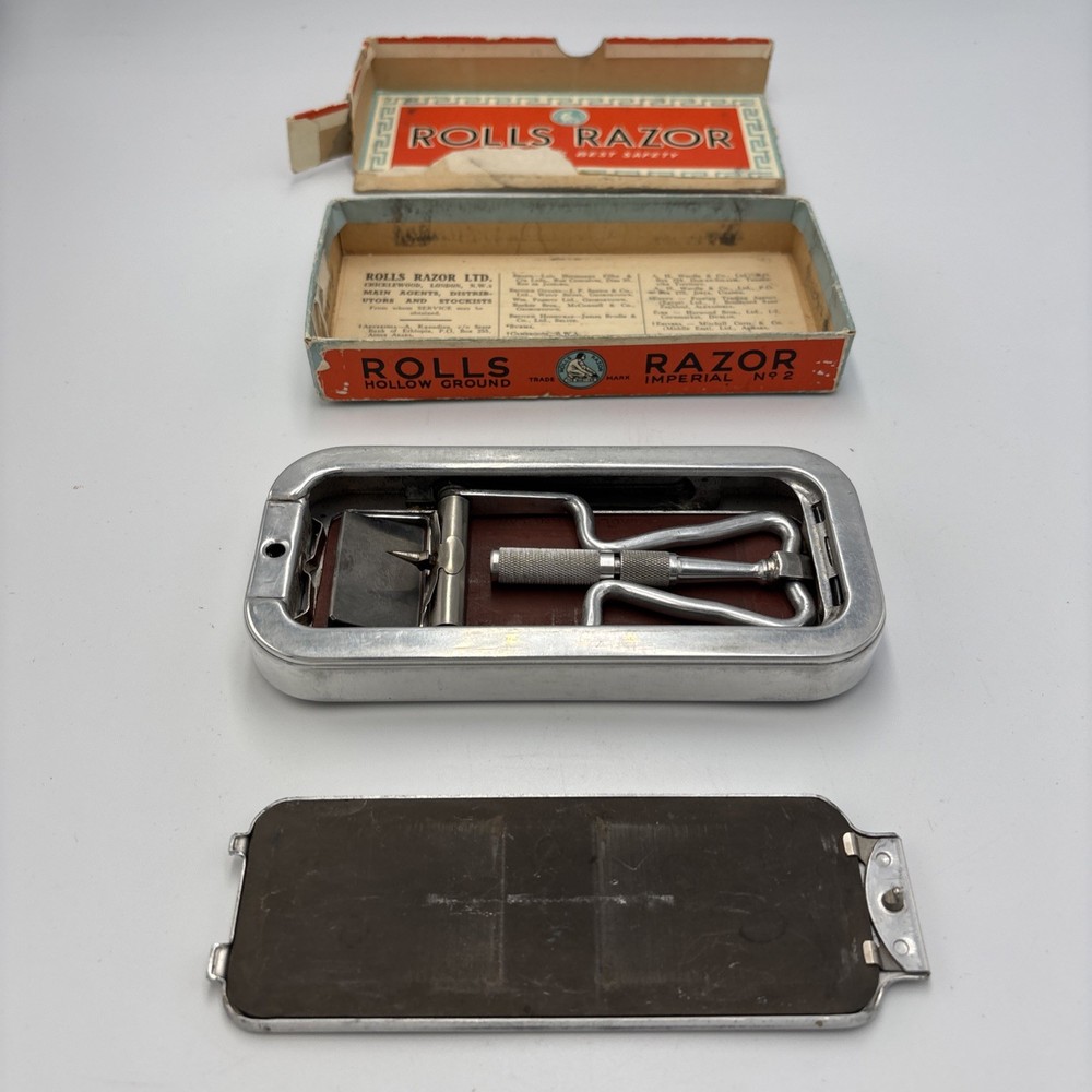 Vintage 1920s Rolls Razor-Blade Sharpener Tool-England-Beautiful Silver Case