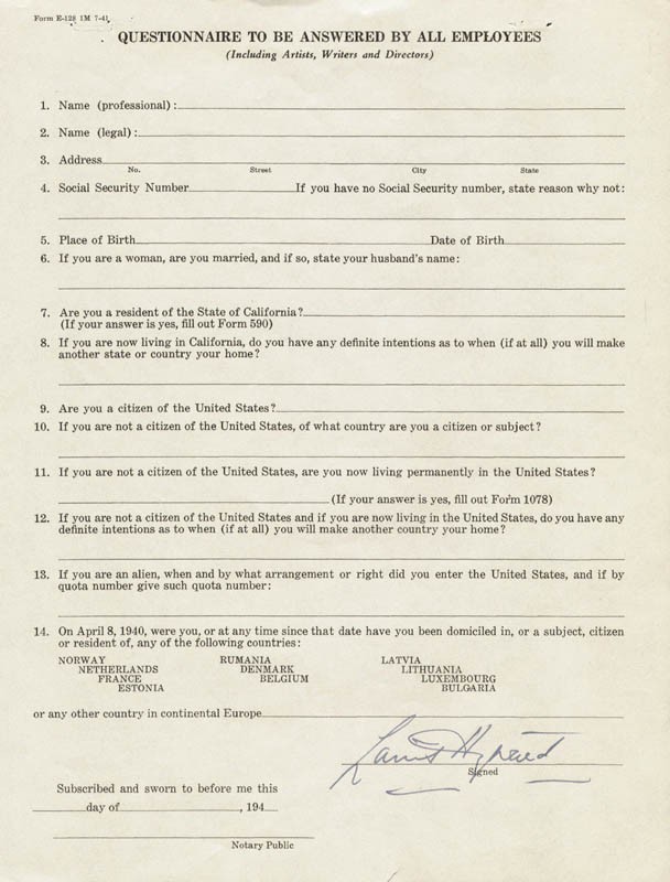 LOUIS HAYWARD - QUESTIONNAIRE SIGNED