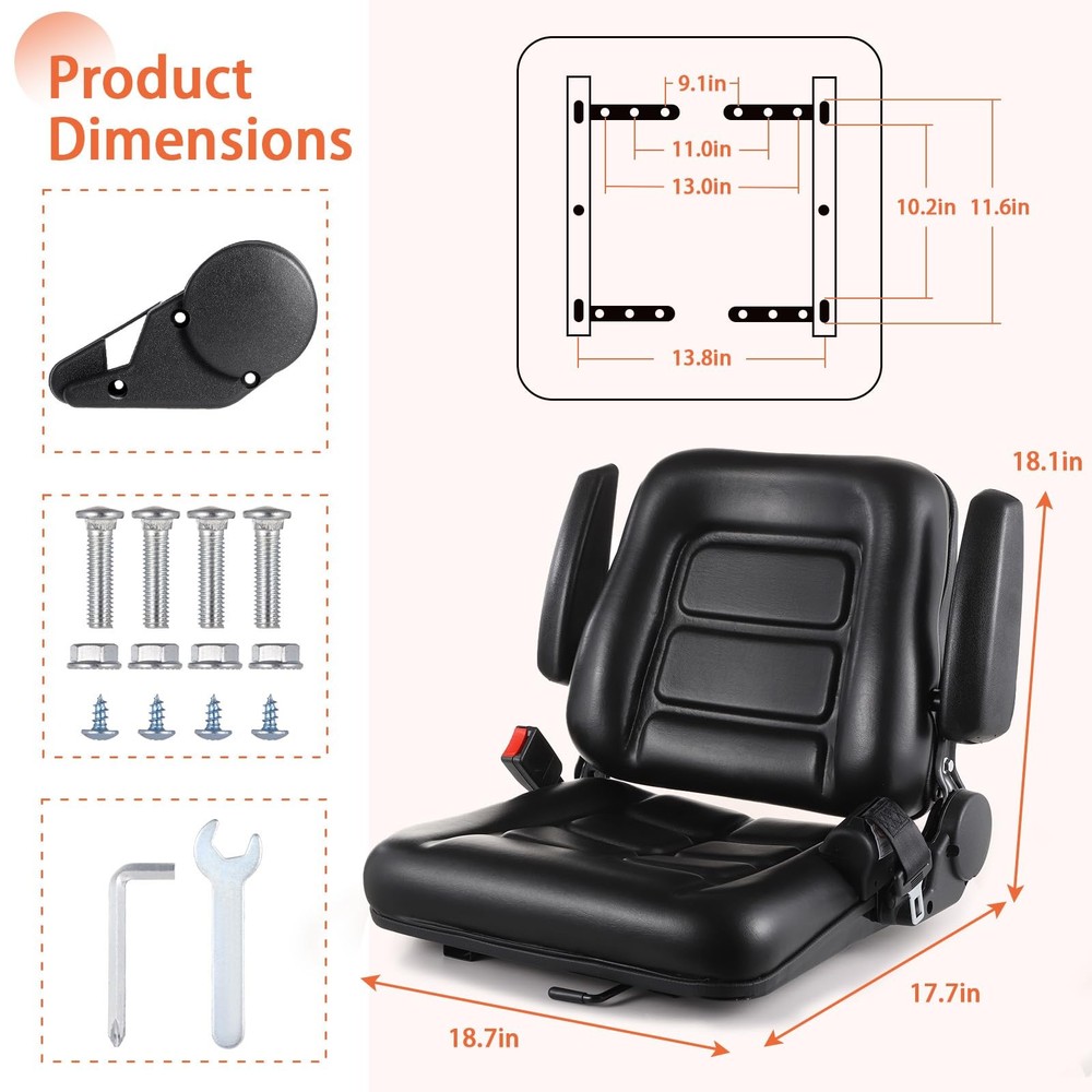 Universal Forklift Seat, Fold Down Tractor Seat with Adjustable Angle black