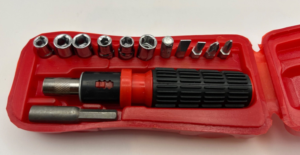 Vintage Novelty Car Tool Kit Screwdriver Bit Set Red Plastic Case Gift