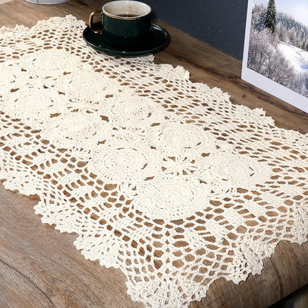 Lace Table Runner 15x28 Inch Rectangular Cotton Handmade Crochet Lace Table R...