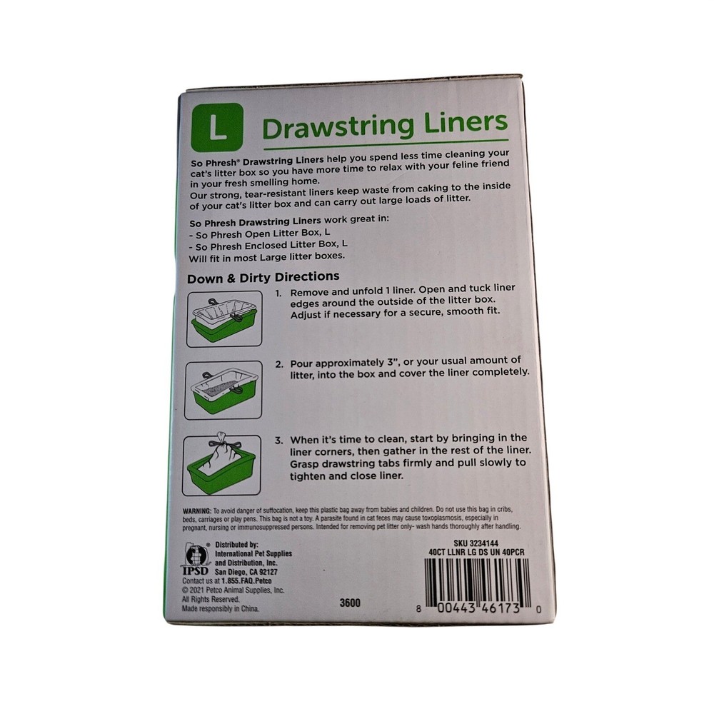 So Phresh Drawstring Litter Box Liners Large 40 Count Tear Resistant