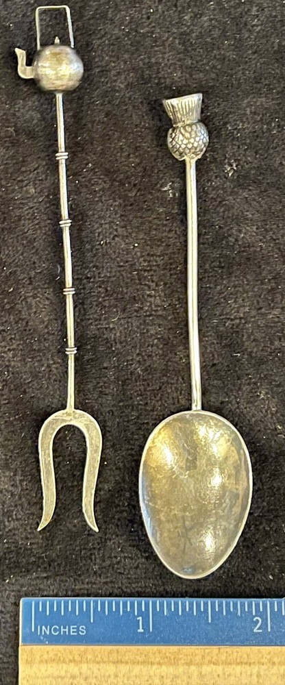 800 Silver Demitasse Pickle Fork & Sugar Spoon Tea Kettle Pineapple Finials Pair