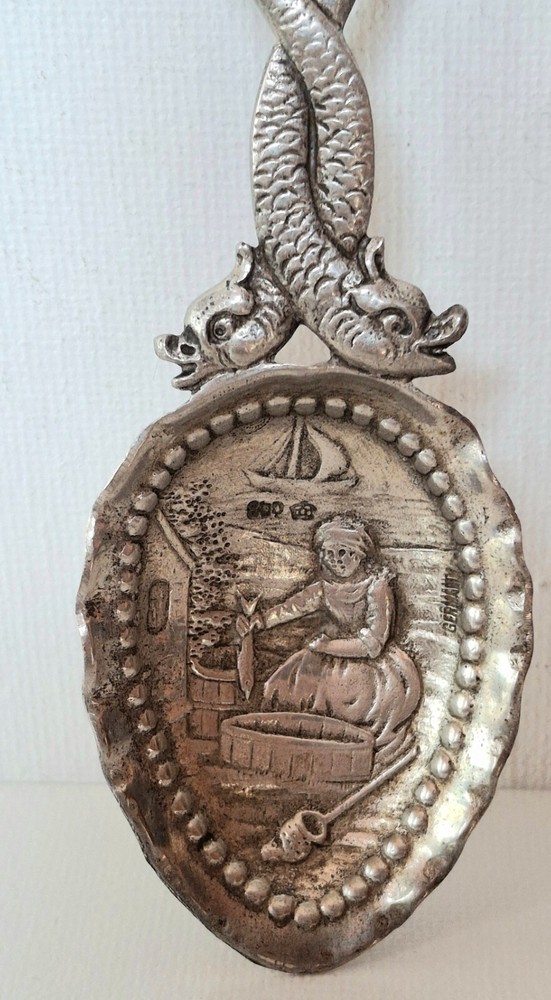 ANTIQUE GERMAN 800 SILVER DRAGON FISH HANDLE TEA CADDY SPOON