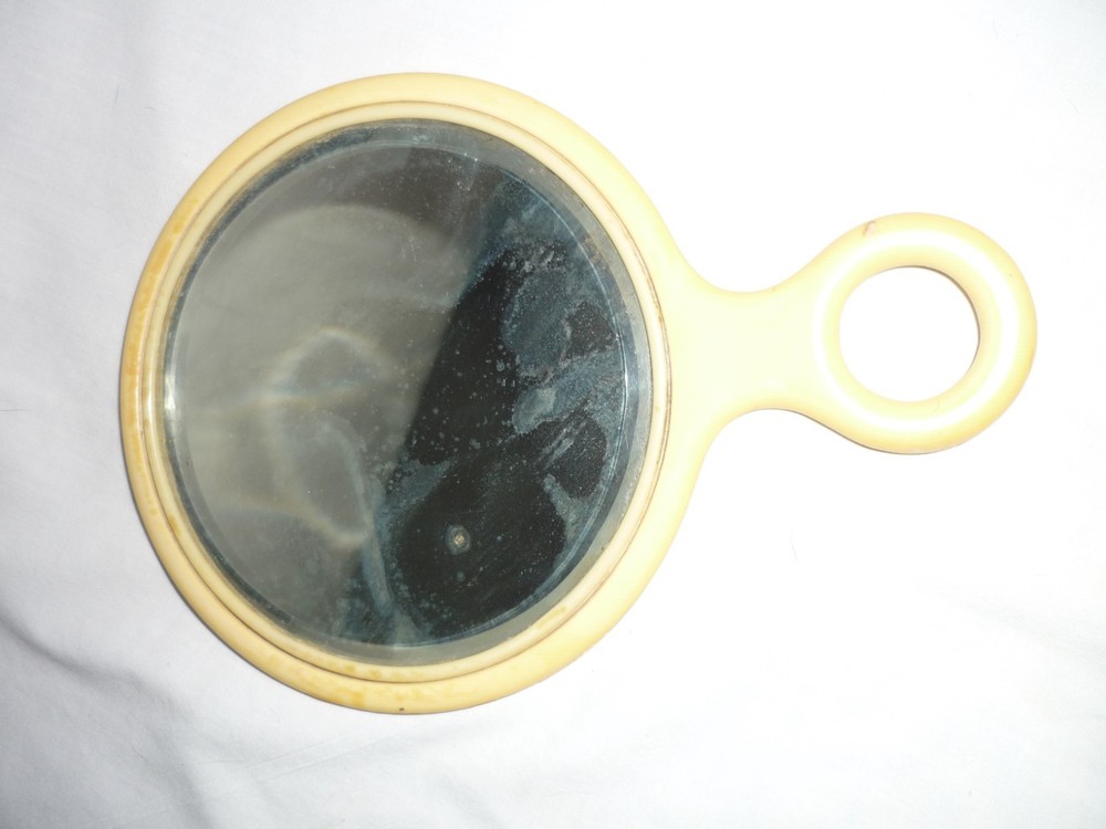 Vintage Ivoroyd Yellow Bakelite Celluloid Beveled Mirror