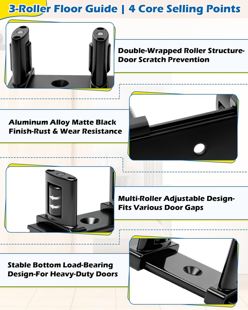 3-Roller Adjustable Sliding Closet Door Floor Guide - 2 Pack, Black