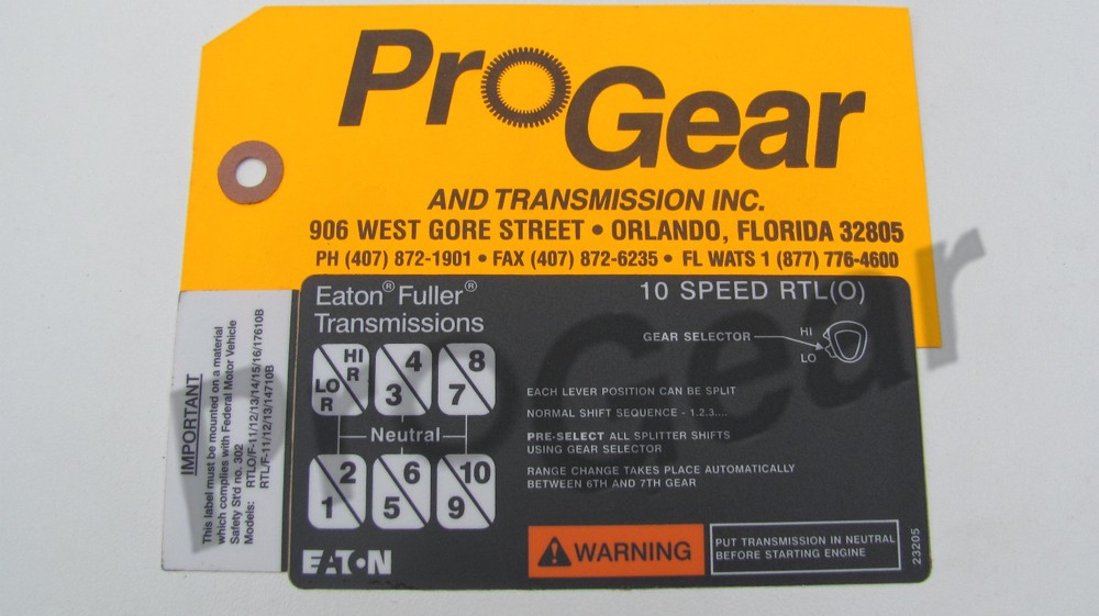 Eaton Fuller SUPER 10 Transmission Shift Pattern label 23205