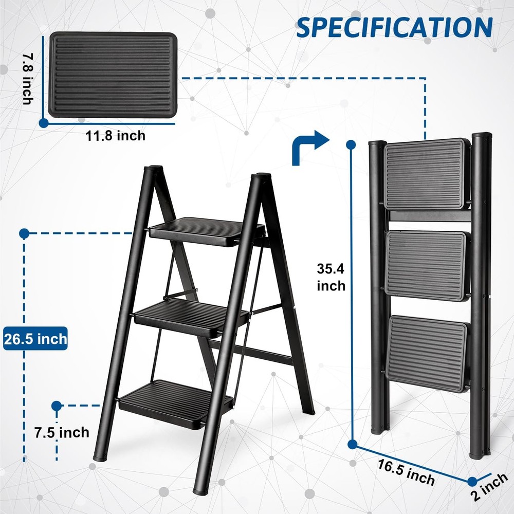 Step Ladder 3 Step Folding, Sturdy 330 Lbs Load Small Step Stool for Adults, ...