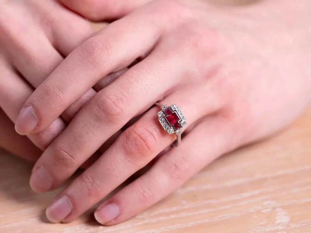 Art Deco Style Ruby & Lab Created Diamond 14k White Gold FN Wedding Gift Ring