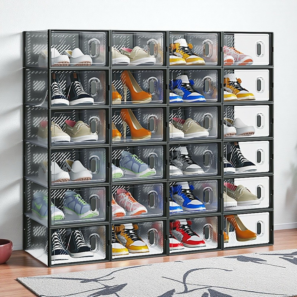 24-Pack Shoe Storage Boxes - Stackable, Door, Plastic Mesh, Black & Small Size