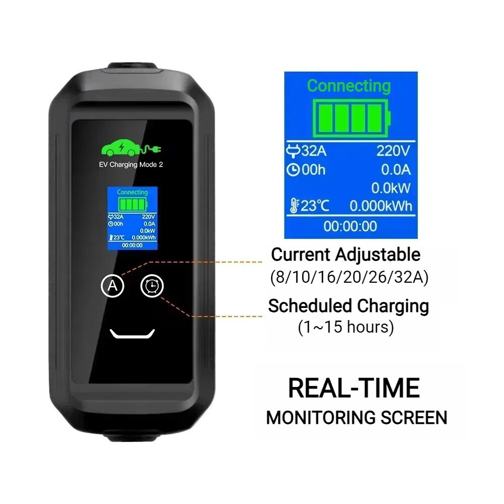 Portable EV Charger CEE to Type 2 | Delay Timer | 8A - 32A | 7.2kW | Mode 2 | 5m