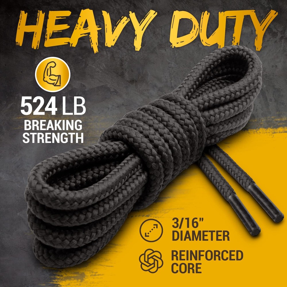 Replacement Boot Laces 64-Inch (2 Pair, Black) Round Heavy Duty Durable