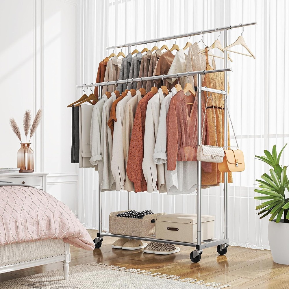 Double Rod Rolling Garment Rack Adjustable Clothes Hanging Organizer with Wheels