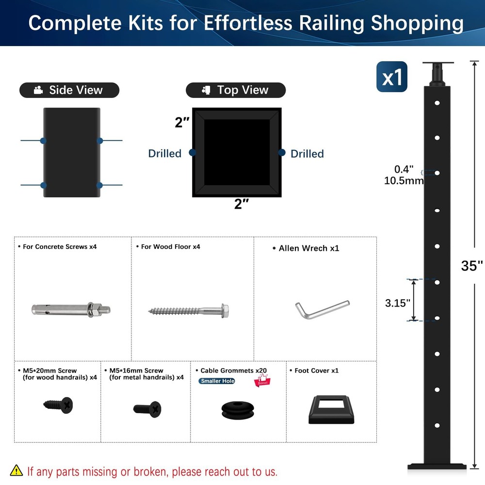 36" Cable Railing Post, Adjustable Top Level Drilled Railing Line Handrail Po...