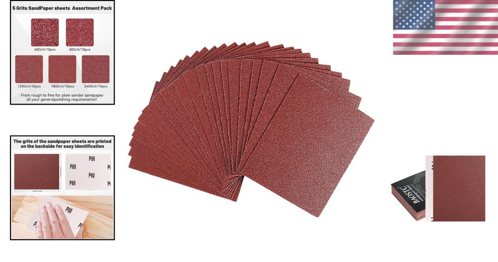 50-Pack 1/4 Sandpaper Sheet Assorted Grits 60-240