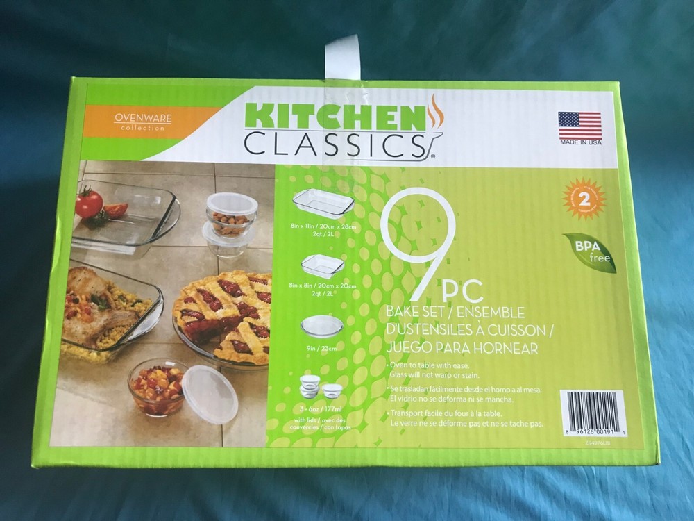 New Kitchen Classics 9-Piece Glass Bake Set Rectangle ~ Square Pie Plate & Bowls