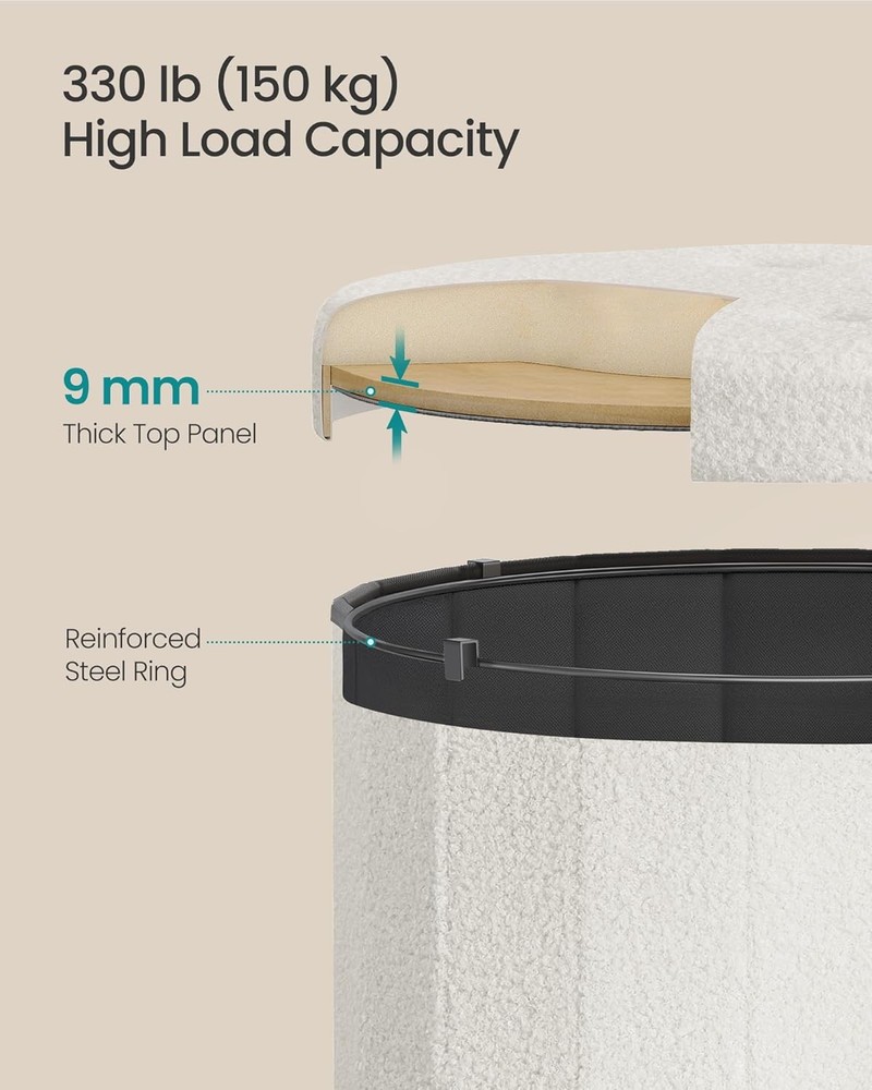 Round Storage Ottoman, Folding Footrest Stool with Removable Lid Cream White