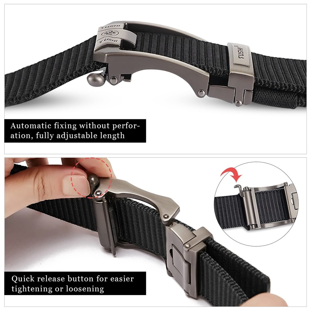 Ratchet Belt Men Nylon Web Belts Automatic Slide Buckle Quick Release Fully A...