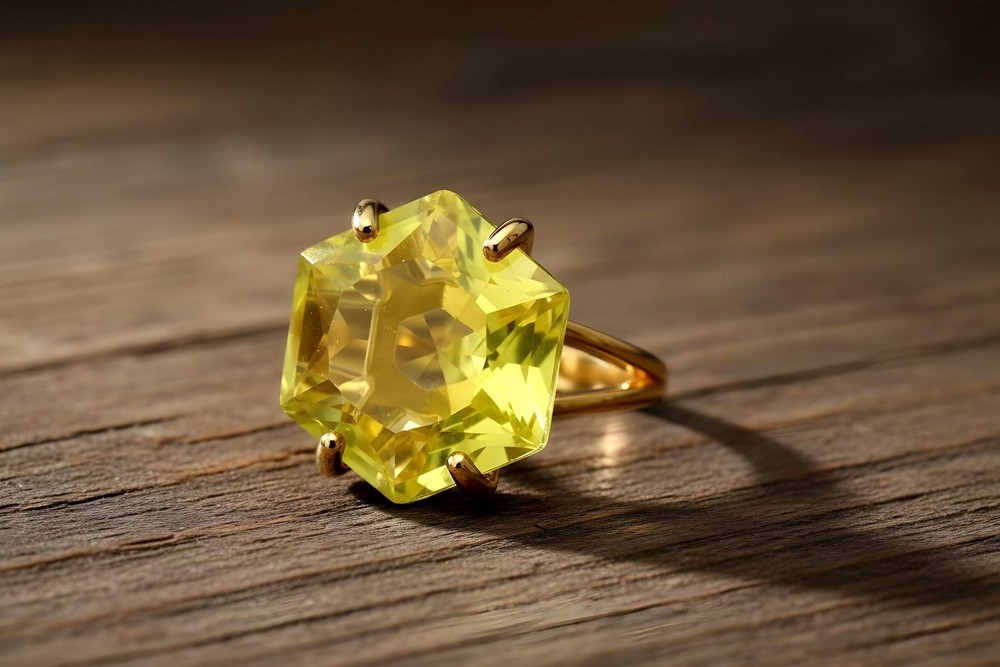 Lemon Quartz Ring Anemone Handmade Hexagon Cut 14k Gold Statement