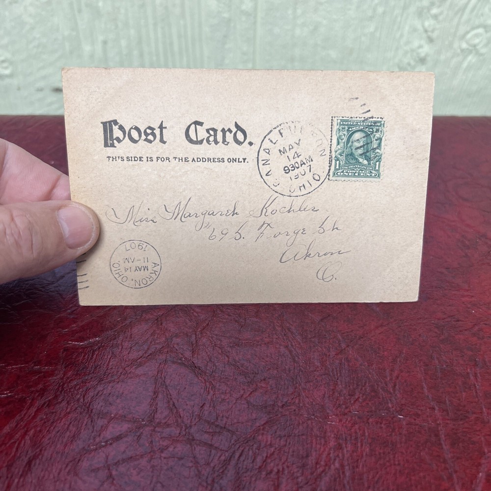 1907 Post Dated Postcard Benjamin Franklin 1 cent Stamp Akron,Ohio May 14 1907
