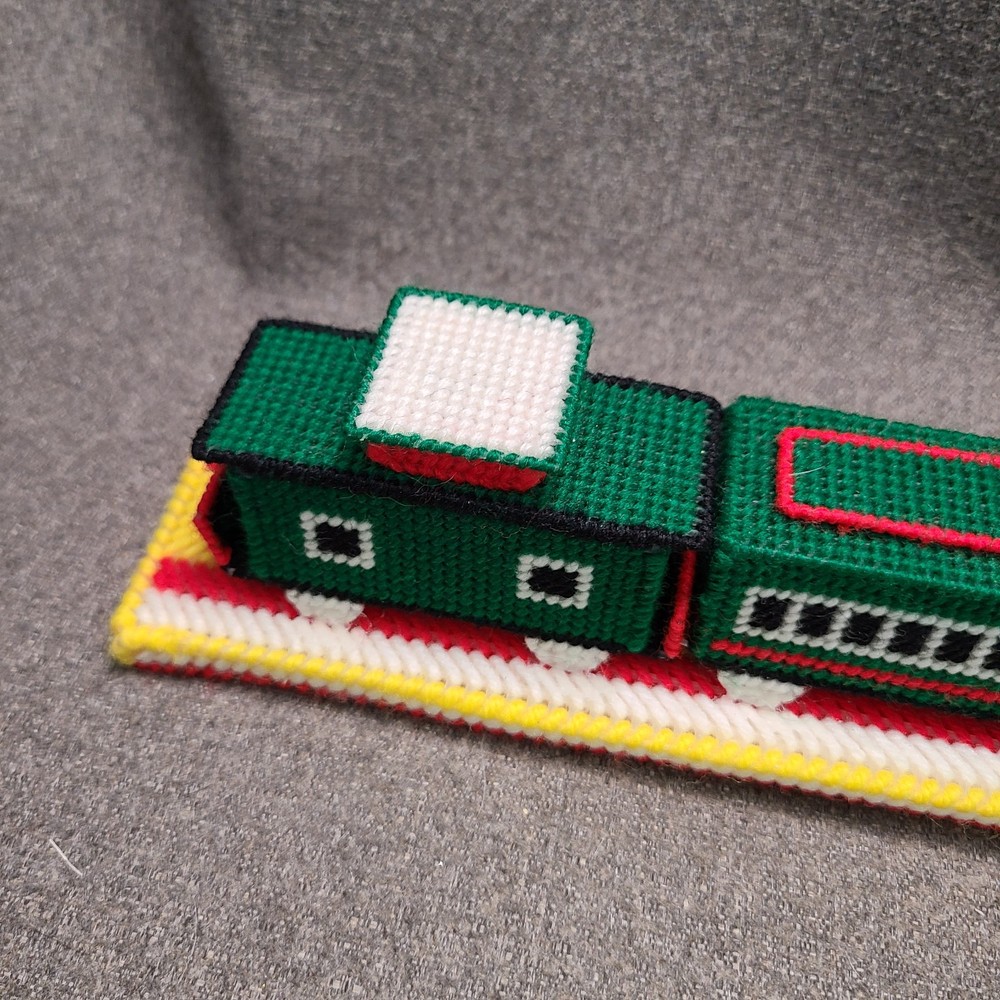 Vintage Plastic Canvas Needlepoint Train Finished Christmas Train Mounted