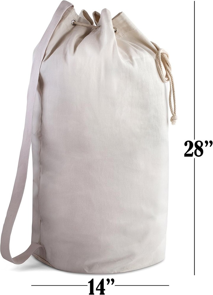 Handy Laundry Canvas Duffel Bag - Drawstring, Leather Closure, Shoulder Strap