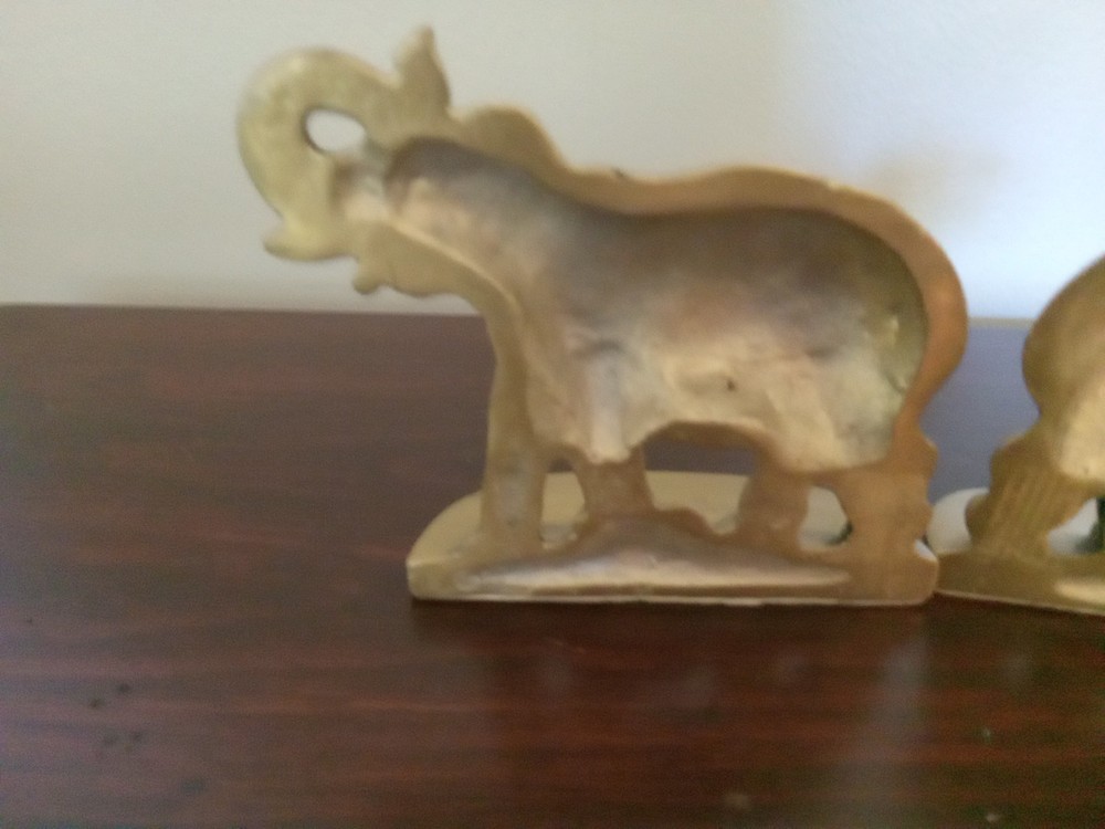 Vntg Solid Brass Elephant Book Ends - Approx 5"h X 5" X 2" Taiwan