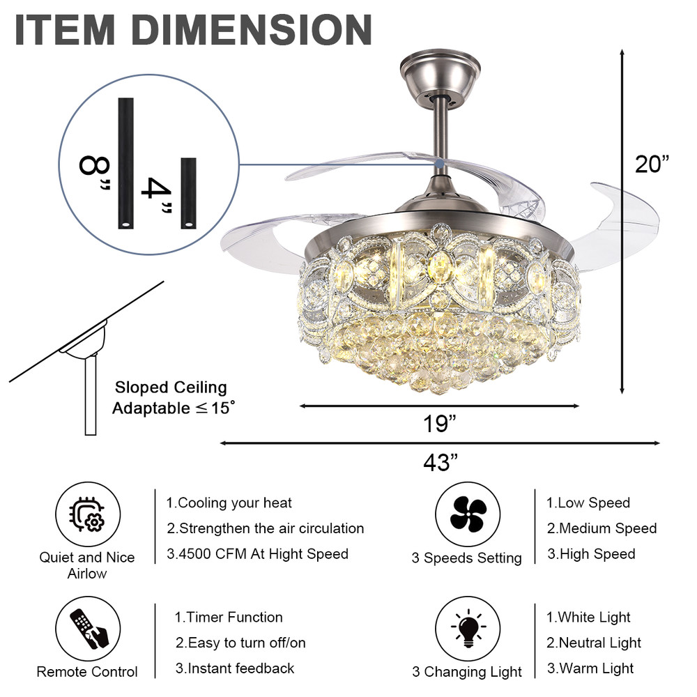 42" Ceiling Fan With Crystal Accents & Remote Control