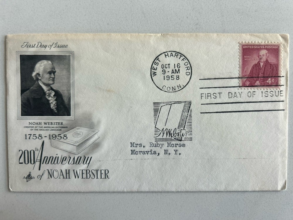 👉 1958 Noah Webster FDC Scott 1121 + Plate Block Dictionary History Set