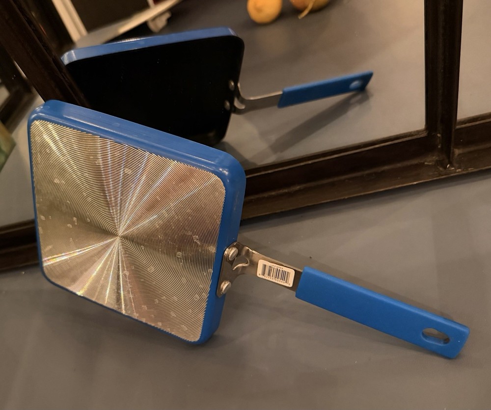 Square Non-Stick Grilled Cheese Pan Blue Long Handle Metal